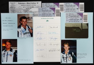 AUSTRALIAN TEST PLAYERS: A collection of original autographs on photographs and a large card, including Brett Lee, Adam Gilchrist, Scott Muller, Geoff Lawson, Dirk Wellham, Greg Blewett, Ian Meckiff, etc. (14); together with several original match tickets.