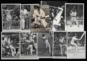 AUSTRALIAN TEST CRICKETERS: Original pen signatures on reproduced pictures: Don Bradman, Bill Brown, Bill Lawry, Ian Chappell, Greg Chappell, Dennis Lillee, Graham Yallop, Kim Hughes, Allan Border, and Geoff Lawson. (10 items).