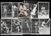 AUSTRALIAN TEST CRICKETERS: Original pen signatures on reproduced pictures: Don Bradman, Bill Brown, Bill Lawry, Ian Chappell, Greg Chappell, Dennis Lillee, Graham Yallop, Kim Hughes, Allan Border, and Geoff Lawson. (10 items).