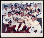 THE DAY ALLAN BORDER SCORED HIS 10,223rd RUN: Photograph depicting the Australian team around Allan Border holding a congratulatory cake from XXXX that reads "Congratulations Allan Border From XXXX And All Cricket Lovers", signed by most of those present 