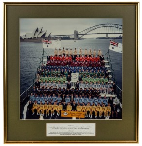 172 · Large-format photograph depicting all the teams to the Benson & Hedges World Cup 1992, photographed in front of the Sydney Opera House and Harbour Bridge (framed and glazed, 56 x 53cm overall), together with a framed presentation depicting Border's 1993 celebrations on achieving the world record batting tally (framed and glazed, 80 x 64cm overall), and three other framed photographs, including one signed by David Boon. (5 items)
