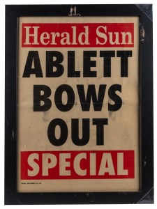 Various framed items including the Herald Sun banner "ABLETT BOWS OUT", a full-page poster of Polly Farmer, an "ABLETT 1000 ADIDAS" poster, an Essendon 1997 team photo, and a photo of Tim Watson in his Essendon jumper; the largest 72 x 52.5cm. (5 items)
