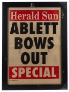 Various framed items including the Herald Sun banner "ABLETT BOWS OUT", a full-page poster of Polly Farmer, an "ABLETT 1000 ADIDAS" poster, an Essendon 1997 team photo, and a photo of Tim Watson in his Essendon jumper; the largest 72 x 52.5cm. (5 items)