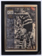 Various framed items including the Herald Sun banner "ABLETT BOWS OUT", a full-page poster of Polly Farmer, an "ABLETT 1000 ADIDAS" poster, an Essendon 1997 team photo, and a photo of Tim Watson in his Essendon jumper; the largest 72 x 52.5cm. (5 items) - 2