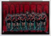 Various framed items including the Herald Sun banner "ABLETT BOWS OUT", a full-page poster of Polly Farmer, an "ABLETT 1000 ADIDAS" poster, an Essendon 1997 team photo, and a photo of Tim Watson in his Essendon jumper; the largest 72 x 52.5cm. (5 items) - 5
