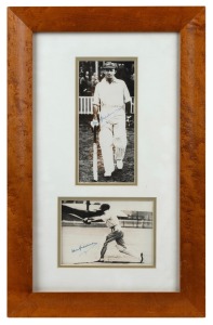 DON BRADMAN: Two original photographs of Don Bradman signed in pen - one depicting him walking out to the crease, the other showing his follow through position; attractively framed and glazed, 51 x 33cm overall.