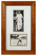DON BRADMAN: Two original photographs of Don Bradman signed in pen - one depicting him walking out to the crease, the other showing his follow through position; attractively framed and glazed, 51 x 33cm overall.