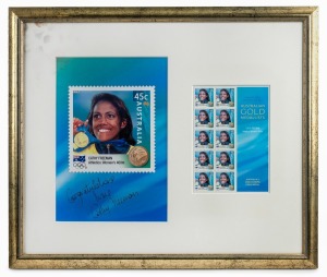 2000 SYDNEY: CATHY FREEMAN: Display comprising photograph and "Australia's 100th Olympic Gold Medal" 45c stamp sheet, with signature and dedication "Congratulations Susie - Cathy Freeman"; framed and glazed, 43.5 x 51cm overall.