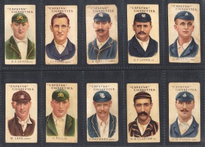 281 · 1907 WILLS CAPSTAN: "Prominent Australian and English Cricketers" series one part-set [37/50], together with series two grey captions part-set [19/23], plus 9 duplicates; mixed condition. (65 items)