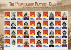 THE PREMIERSHIP PLAYERS' CLUB INC.: Five Australia Post stamp sheets with a combined face value of $125, all in excellent condition, featuring such players as Bob Skilton, Greg Williams, Paul Salmon, and Jason Akermanis. (5 items)