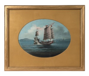 A pair of antique China trade shipping paintings, 19th century, gouache on card in oval mounts and painted gilt frames, ​​​​​​​23 x 31cm, 39 x 48cm each overall.
