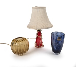 WHITEFRIARS English art glass vase with original labels; together with a Murano glass table lamp and vase, (3 items), the Whitefriars example 16.5cm high.