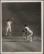 THE BODYLINE SERIES - THE MELBOURNE TEST MATCH - AUSTRALIA'S ONLY WIN Six original "Herald Feature Service" press photographs, all 20 x 25cm format, and each image with copyright stamps and printed explanatory slip affixed verso. Annotations include "O'B - 2