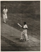 THE BODYLINE SERIES - THE MELBOURNE TEST MATCH - AUSTRALIA'S ONLY WIN Six original "Herald Feature Service" press photographs, all 20 x 25cm format, and each image with copyright stamps and printed explanatory slip affixed verso. Annotations include "O'B - 3