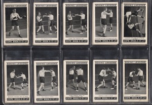 21 · CIGARETTE CARDS: Group comprising 1913 John Player & Sons "Wrestling & Ju-Jitsu" complete set [25] (x2), 1925 Teofani & Co. (Magnums) "Famous Boxers" part-set [7/25], and 1935 Copes Bros. "Boxing Lessons" complete set [25]; mixed condition. (82 items)