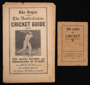 1932-33 "The Argus And The Australasian Cricket Guide - Test Match Records and Personalities Of Players - Compiled by Old Boy of The Argus and The Australasian", 16pp, printed by Wilson and Mackinnon, Melbourne; together with "The Laws Of Cricket - As amended by the Marylebone Club to 1936, and with the officially adopted variations by Australia to 1937". Rare. (2 items)