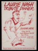 LAURIE NASH TRIBUTE DINNER - APRIL 24 1981 - SOUTH MELBOURNE TOWN HALL: Menu extensively signed by attendees, including Jack Dyer, Ted Whitten, Bill Williams, Jim Dorgan, Peter Bedford, Laurie Nash, Jack Williams, Jock McKenzie, Harry Clarke, and others; - 2