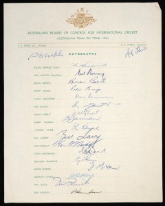 216 · 1961 AUSTRALIAN TEAM ON TOUR: Official team sheet, fully signed by the 17 players and 2 officials in the touring party, with Benaud and Harvey leading a Test team which included Booth, Davidson, Grout, Lawry, McKenzie and Simpson. Accompanied by three identical sheets with facsimile signatures. (4 items)