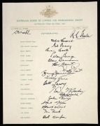 1961 AUSTRALIAN TEAM ON TOUR: Official team sheet, fully signed by the 17 players and 2 officials in the touring party, with Benaud and Harvey leading a Test team which included Booth, Davidson, Grout, Lawry, McKenzie and Simpson. Accompanied by three ide - 2
