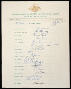 217 · OFFICIAL SIGNED TEAM SHEETS: Group comprising "Australian Team On Tour, 1961", "Australian Team On Tour, 1966-67", "Australian touring cricket team '69/70", "Australia To England 1985"; signatures include those of Richie Benaud, Neil Harvey, Bill Lawry, Graham McKenzie, Bob Simpson, Ian Chappell, Ian Redpath, Keith Stackpole, Bob Cowper, Allan Border, David Boon; mixed condition. (4 items)