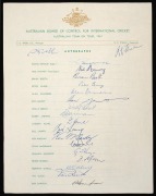 OFFICIAL SIGNED TEAM SHEETS: Group comprising "Australian Team On Tour, 1961", "Australian Team On Tour, 1966-67", "Australian touring cricket team '69/70", "Australia To England 1985"; signatures include those of Richie Benaud, Neil Harvey, Bill Lawry, G