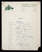 OFFICIAL SIGNED TEAM SHEETS: Group comprising "Australian Team On Tour, 1961", "Australian Team On Tour, 1966-67", "Australian touring cricket team '69/70", "Australia To England 1985"; signatures include those of Richie Benaud, Neil Harvey, Bill Lawry, G - 3
