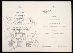 218 · 1962-63 SHEFFIELD SHIELD: Menu from the VCA dinner in honour of the Victorian team's victory, Hotel Windsor, Melbourne, Saturday 11th May, with twenty-three signatures including those of Jack Ryder, Bob Cowper, Keith Stackpole, Ian Redpath, Bill Lawry, and Keith Miller.