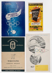 1956 MELBOURNE: BROCHURES & PROGRAMMES: "Orient Line to the Olympic Games Melbourne" brochure for passengers featuring the programme, a map of Melbourne and a service directory; a programme and Olympic Records card issued by Hartleys Sporting House of Melbourne; an official programme for the "Olympic Follies" at the Tivoli Theatre, Melbourne; and one of the scarcest Official programmes "WRESTLING - Free Style" at the Exhibition Buildings. (4 items).