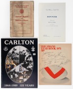 Group of four items comprising 1934 South Melbourne Football Club Annual Report, 1968 Bob Skilton Third Brownlow Medal dinner menu, 1971 Swans Yearbook (signed to the cover by eleven players including Ron Clegg, Jack Williams, Fred Goldsmith, and John Woo