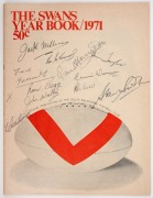 Group of four items comprising 1934 South Melbourne Football Club Annual Report, 1968 Bob Skilton Third Brownlow Medal dinner menu, 1971 Swans Yearbook (signed to the cover by eleven players including Ron Clegg, Jack Williams, Fred Goldsmith, and John Woo - 2