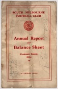 Group of four items comprising 1934 South Melbourne Football Club Annual Report, 1968 Bob Skilton Third Brownlow Medal dinner menu, 1971 Swans Yearbook (signed to the cover by eleven players including Ron Clegg, Jack Williams, Fred Goldsmith, and John Woo - 4