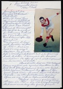 JIM CLEARY: A signed manuscript in Cleary's hand, consisting of two A4 pages wherein he recounts his formative years and the achievements of his playing career. "Was invited to train with Carlton at start of 1933 - but was met on my way to Carlton by Sout