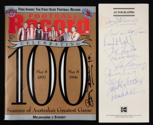 BOB SKILTON: A menu from the 1996 AFL Hall Of Fame Inaugural Induction dinner, bearing ten signatures including those of Bob Skilton, Leigh Matthews, Jack Dyer, Ron Barassi, Bob Pratt, and Ross Oakley; together with the AFL Centenary souvenir issue Football Record, signed to the cover by Skilton. (2 items)