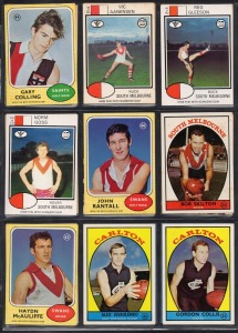An album containing an unsorted accumulation of approx. 250 Scanlens football cards, mostly good condition, from various years (mostly 1980s), as well as some Select, Ardmona, Atlantic Picture Pageant, Sunicrust, Colourgrams, and others.