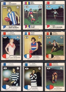 SCANLENS: Group comprising 1981 Scanlens "Footballers" part-set [146/168] plus 52 duplicates, together with 1974 Scanlens unsorted [60], 1977 Scanlens unsorted [37], and 1982 Scanlens unsorted [38]. (333 items)
