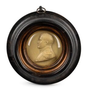 NAPOLEON BONEPARTE antique wax medallion profile portrait in circular timber frame, early 19th century, 15cm diameter overall. POVENANCE: purchased by the current vendor from the John Telfer-Dunbar Collection.