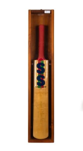 191 · MARK TAYLOR - SIGNED CRICKET BAT: Surridge cricket bat signed to the face in green marker (faded), housed in custom-built glazed wooden display box with CoA; height 94cm.
