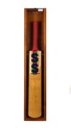 MARK TAYLOR - SIGNED CRICKET BAT: Surridge cricket bat signed to the face in green marker (faded), housed in custom-built glazed wooden display box with CoA; height 94cm.