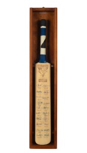 VICTORIAN BUSHRANGERS - SIGNED CRICKET BAT: Full-size bat with printed Bushrangers logo and player list, with twenty signatures including those of Shane Warne, Tony Dodemaide, and Brad Williams; housed in custom-built glazed wooden display box; height 94cm.