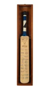 VICTORIAN BUSHRANGERS - SIGNED CRICKET BAT: Full-size bat with printed Bushrangers logo and player list, with twenty signatures including those of Shane Warne, Tony Dodemaide, and Brad Williams; housed in custom-built glazed wooden display box; height 94c