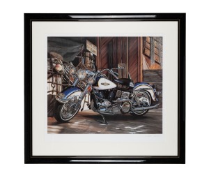 HARLEY DAVIDSON: Chromolithograph print, attractively framed and mounted, 92 x 99cm overall.