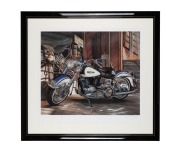 HARLEY DAVIDSON: Chromolithograph print, attractively framed and mounted, 92 x 99cm overall.