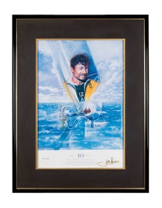 1993 10th ANNIVERSARY OF THE AMERICA'S CUP VICTORY: Limited-edition poster [357/500], signed in gold by John Bertrand, the skipper of "Australia II"; framed and glazed with CoA verso, 92 x 70cm overall.