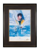 1993 10th ANNIVERSARY OF THE AMERICA'S CUP VICTORY: Limited-edition poster [357/500], signed in gold by John Bertrand, the skipper of "Australia II"; framed and glazed with CoA verso, 92 x 70cm overall.