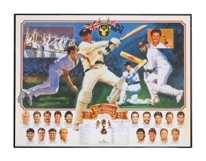 158 · "The Bradman Collection" poster, signed and dedicated by Don Bradman (60 x 42cm), together with 1977 Centenary Test poster and 1989 Ashes Tour poster; the first item unframed, the second two framed. (3 items)