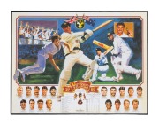 "The Bradman Collection" poster, signed and dedicated by Don Bradman (60 x 42cm), together with 1977 Centenary Test poster and 1989 Ashes Tour poster; the first item unframed, the second two framed. (3 items)