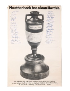 THE ORIGINAL ASHES URN VISITS AUSTRALIA - JANUARY 1988: The advertising poster announcing the short visit of the Ashes Urn to the State Bank, Martin Place, during the 87-88 Ashes Series in Australia; the poster has been attractively signed in ink by the Australian and English teams, 75 x 49.5cm overall.
