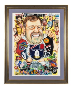 An original WEG caricature, signed and dated 1980 at lower left, depicting AFL CEO Ross Oakley and his characteristic tendency to bulldoze the opposition, framed and glazed, 58 x 78.5cm overall, together with eight framed and glazed artworks or photographs commemorating Oakley's retirement, the largest 87 x 70cm overall. (9 items)
