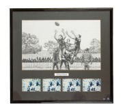 AFL CENTENARY: Original ink illustration commissioned for television advertisement during the AFL Centenary year, with the artist's four window-mounted reference photographs arrayed at bottom, framed and glazed, 66.5 x 61.5cm overall, together with framed - 2