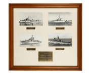 H.M.A.S. SWAN I/II/III: Display comprising photographs of each ship and plaque with inscription that reads "Presented To South Melbourne Football Club By Capt. Officers & Ship's Company H.M.A.S. SWAN 1976"; framed and glazed, 57 x 62cm overall.